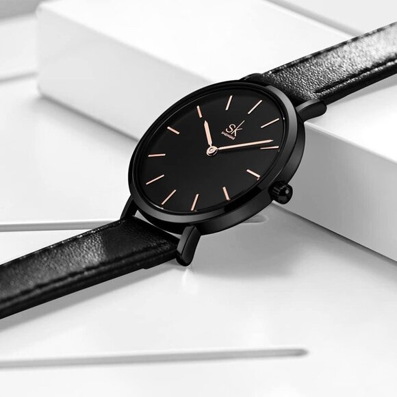 Fashionable Two-Hand Ultra Thin Watch - Smart Black Leather Strap for Women - Picture 7 of 7